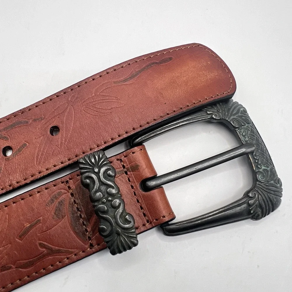 Leather Leaf Print Embossed Western Belt Women's S/M Brown Rodeo Boho